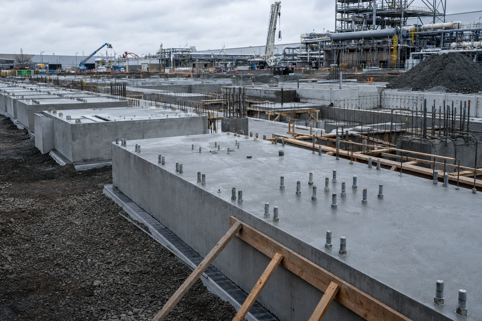 Concrete tank foundations and piers under construction